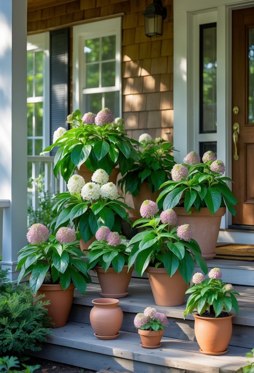 14 Front Porch Plants Perfect for Enhancing Curb Appeal and Easy Maintenance 8 Fourteen hellebore plants in pots arranged on a wooden front porch near a front door.