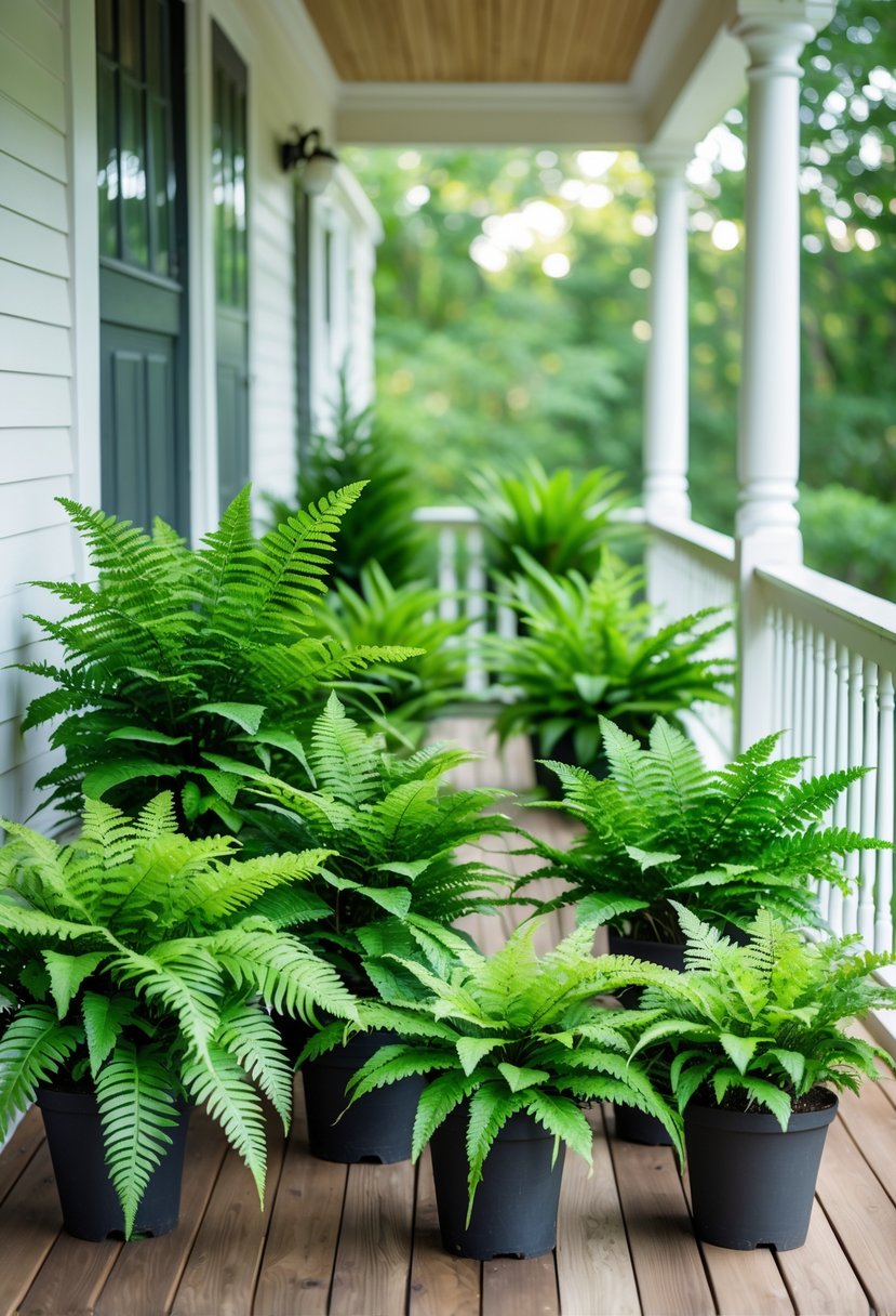 14 Front Porch Plants Perfect for Enhancing Curb Appeal and Easy Maintenance 9 Fourteen green fern plants arranged on a front porch with wooden flooring and a railing in the background.