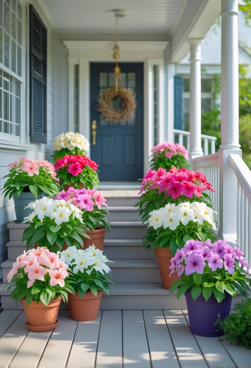 14 Front Porch Plants Perfect for Enhancing Curb Appeal and Easy Maintenance 12 Fourteen colorful impatiens plants arranged on a wooden front porch with a house entrance in the background.