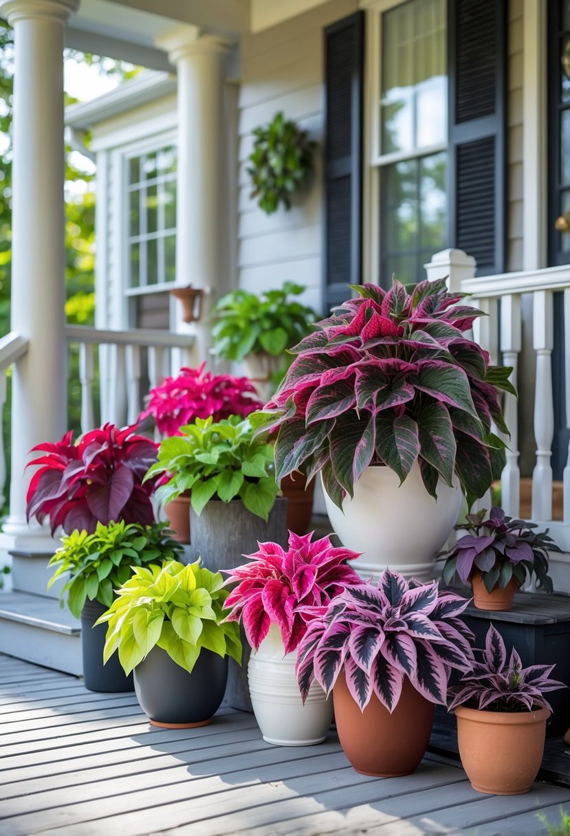 14 Front Porch Plants Perfect for Enhancing Curb Appeal and Easy Maintenance 13 Fourteen colorful coleus plants arranged on a front porch with wooden flooring and a railing.