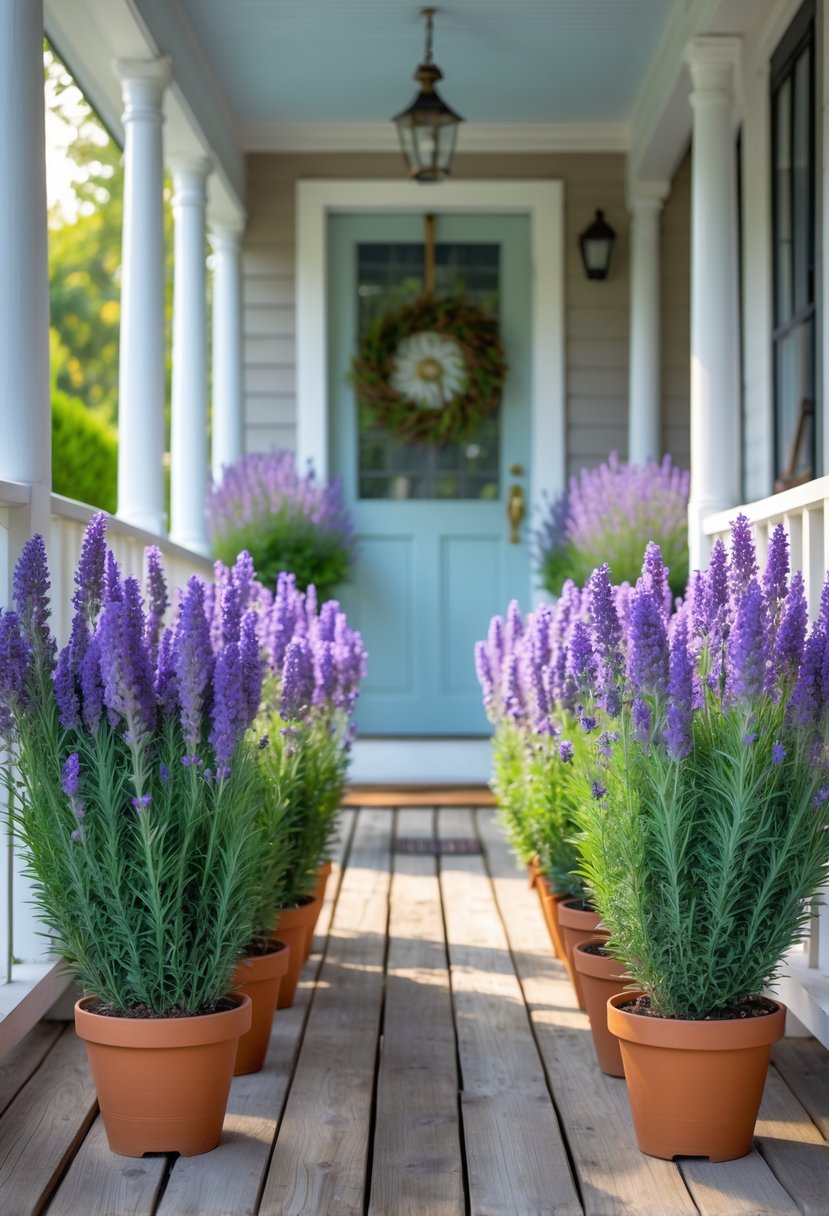 14 Front Porch Plants Perfect for Enhancing Curb Appeal and Easy Maintenance 14 Fourteen lavender plants in pots arranged on a front porch with a wooden floor and a front door in the background.