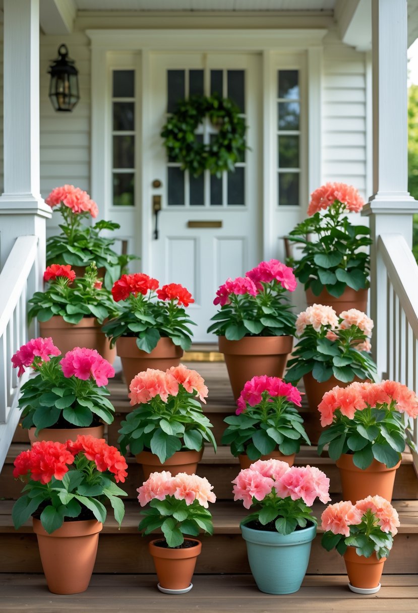 14 Front Porch Plants Perfect for Enhancing Curb Appeal and Easy Maintenance 15 Fourteen geranium plants with green leaves and red and pink flowers arranged on a wooden front porch with white railings and a front door in the background.