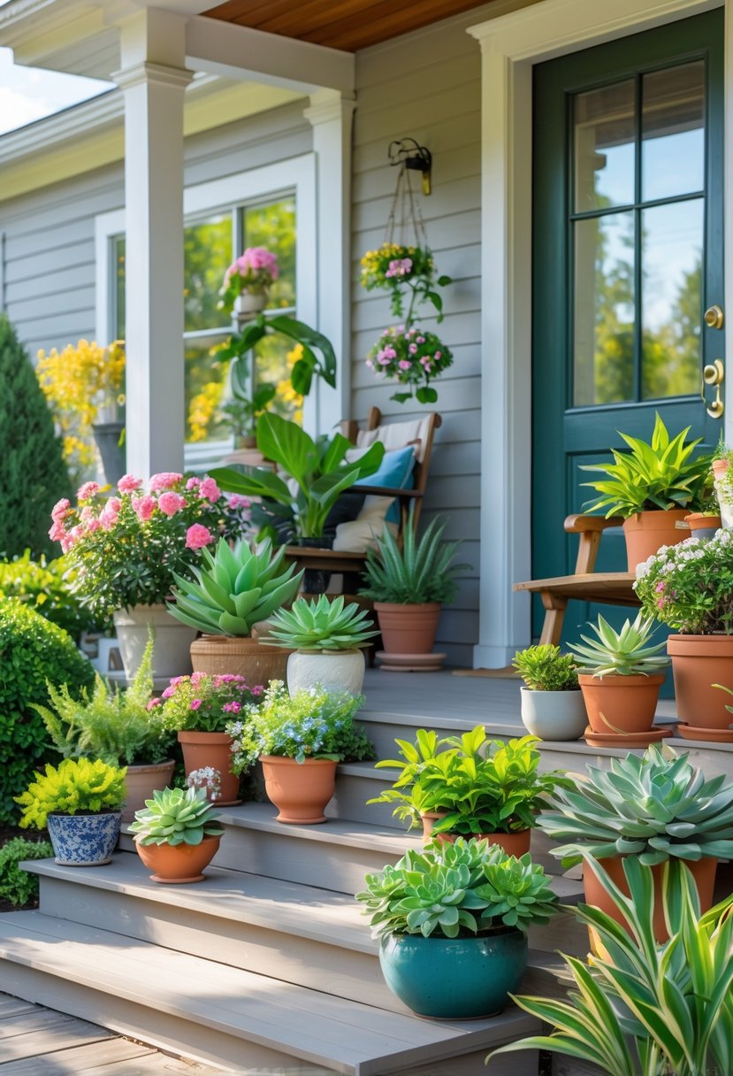 14 Front Porch Plants Perfect for Enhancing Curb Appeal and Easy Maintenance 17 Front porch with fourteen different potted plants arranged around a wooden floor and seating area.