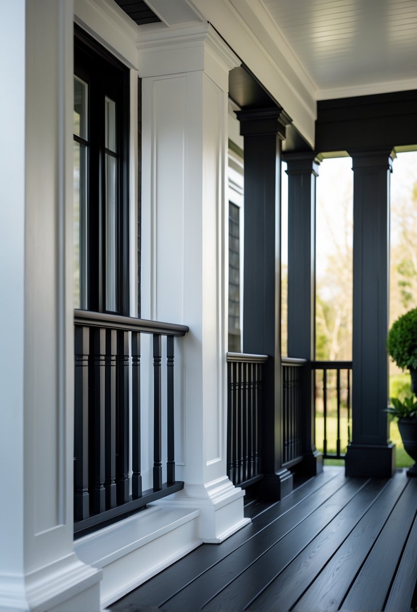 A porch with white trim contrasting against black railings and floorboards.