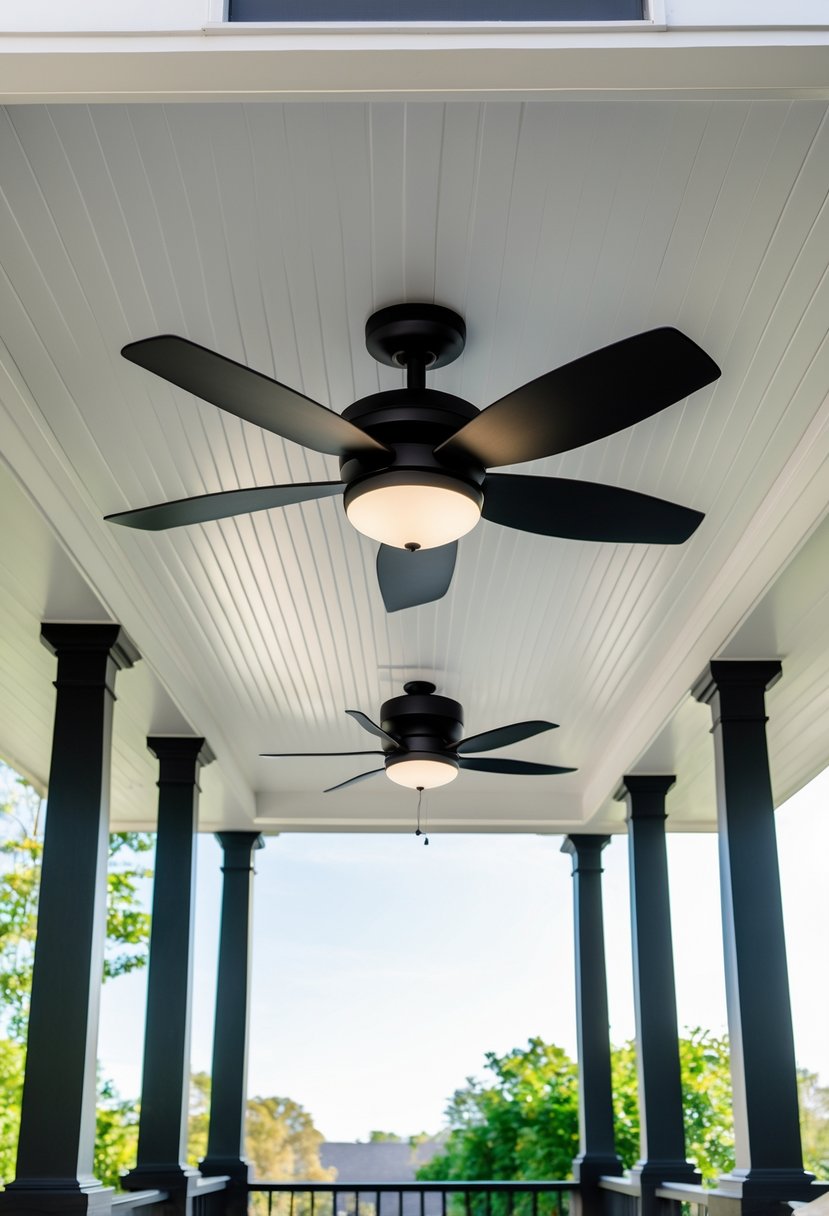 Black ceiling fan with integrated light installed on the ceiling of a porch with ten black columns.