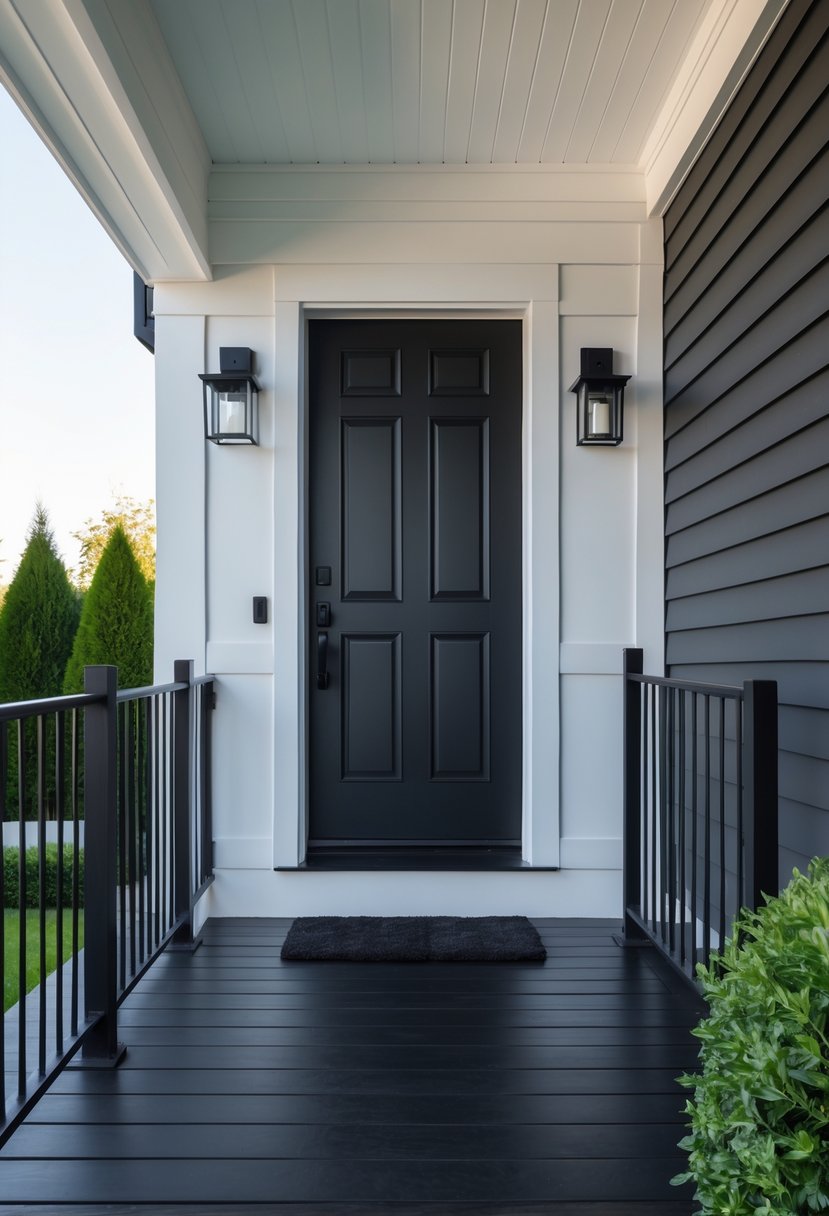 A modern black porch with a black front door, black metal railing, and a wooden floor, surrounded by white trim and greenery.