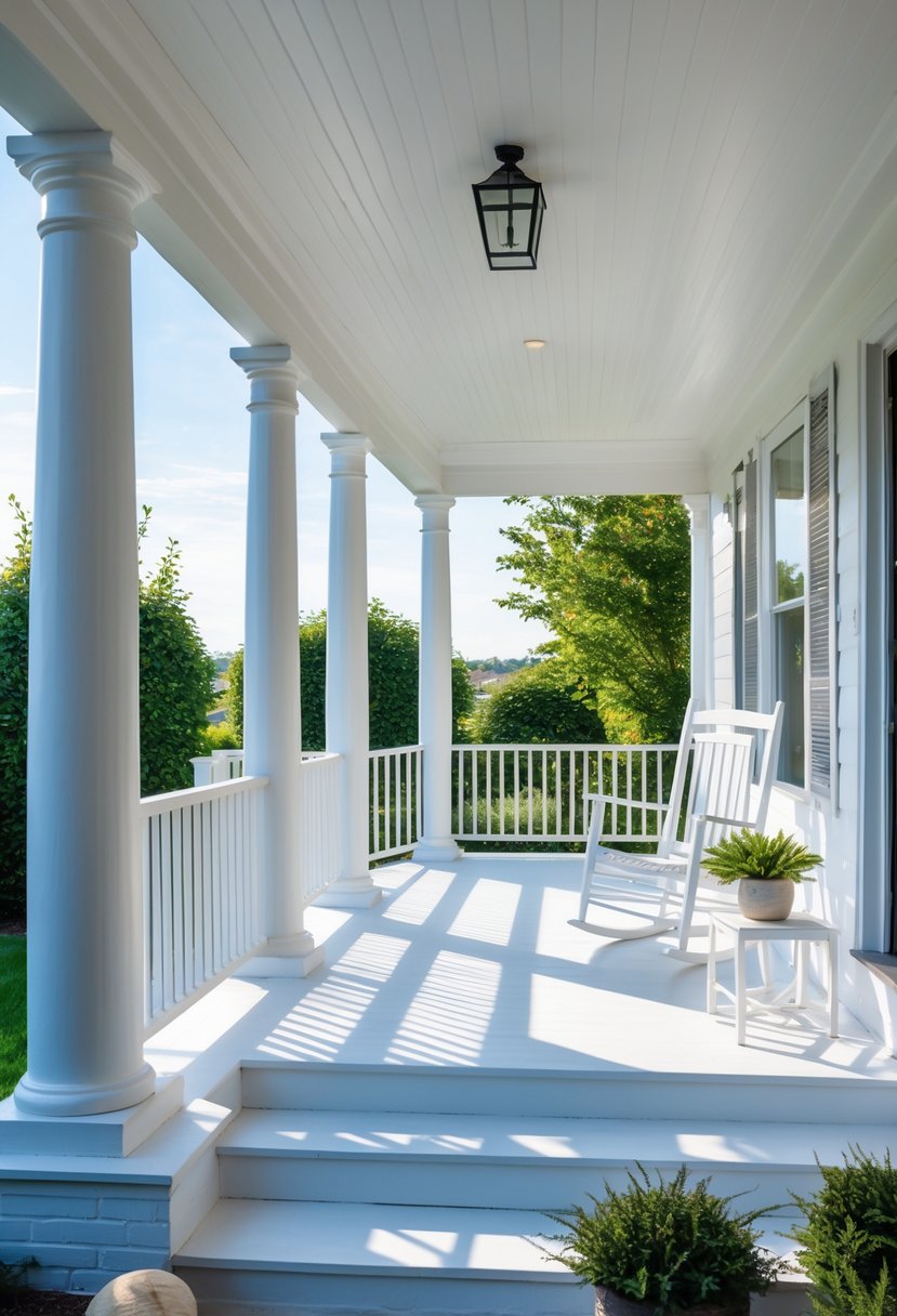 A front porch with white railings, columns, and steps, furnished with a rocking chair and potted plant, surrounded by greenery under a clear sky.