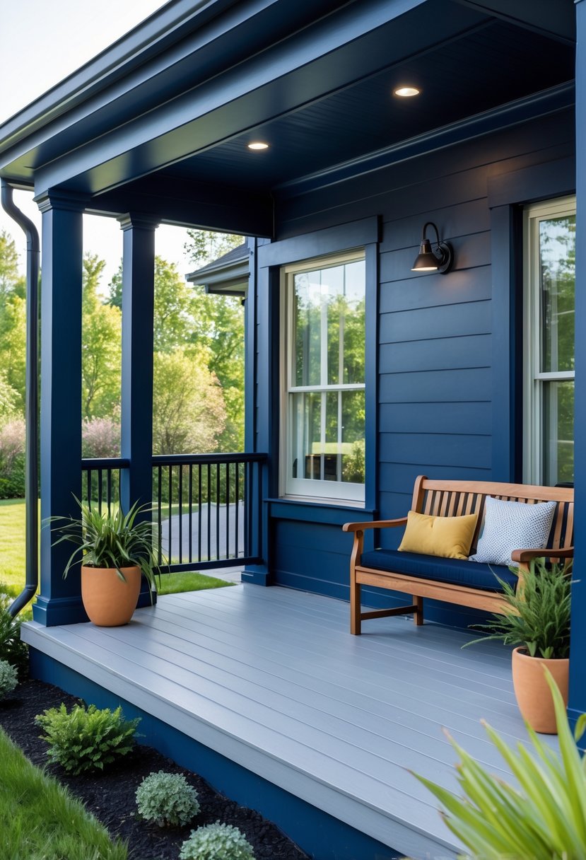 A residential porch painted in bold navy blue with outdoor furniture and plants, surrounded by greenery.