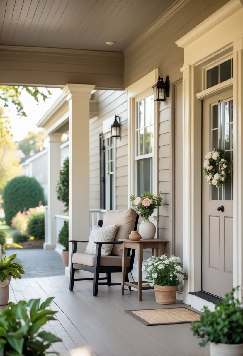 A front porch painted in warm taupe with cozy seating, potted plants, and a wooden table with flowers.