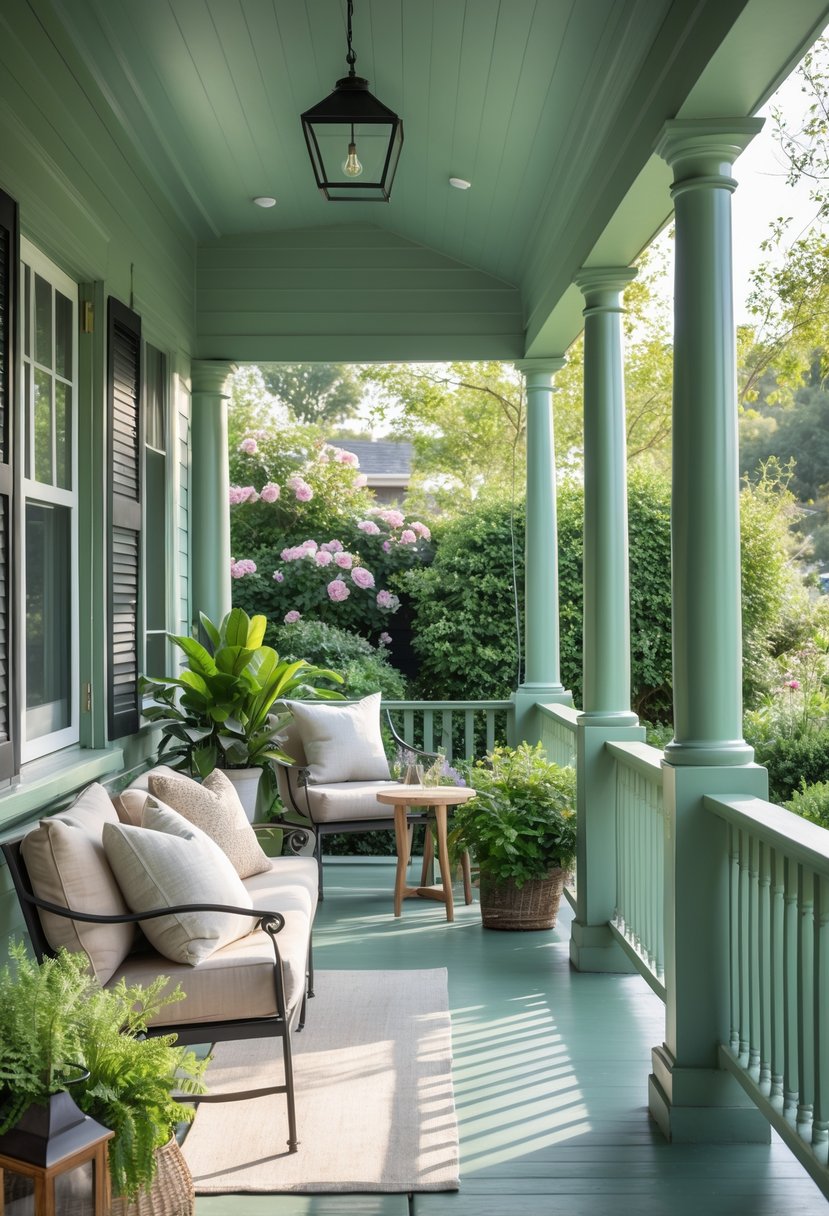 A porch painted soft sage green with seating, potted plants, and a garden in the background.
