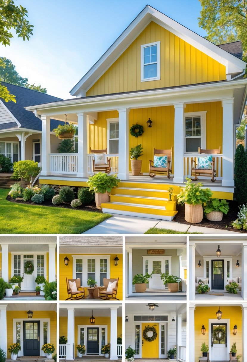 A collection of twelve bright mustard yellow front porches with seating, plants, and sunlight under a clear sky.