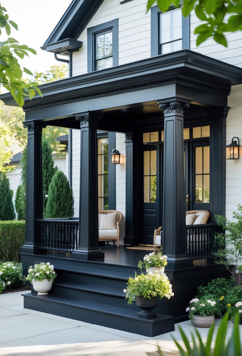 Front porch painted in clean black with columns, railings, potted plants, and seating area in a well-kept house exterior.