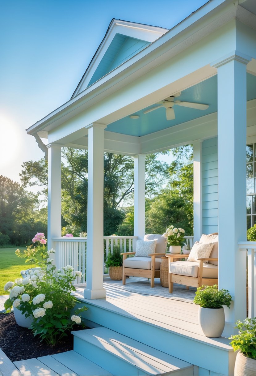 A house porch painted pale sky blue with white trim, outdoor seating, green plants, and a clear blue sky.