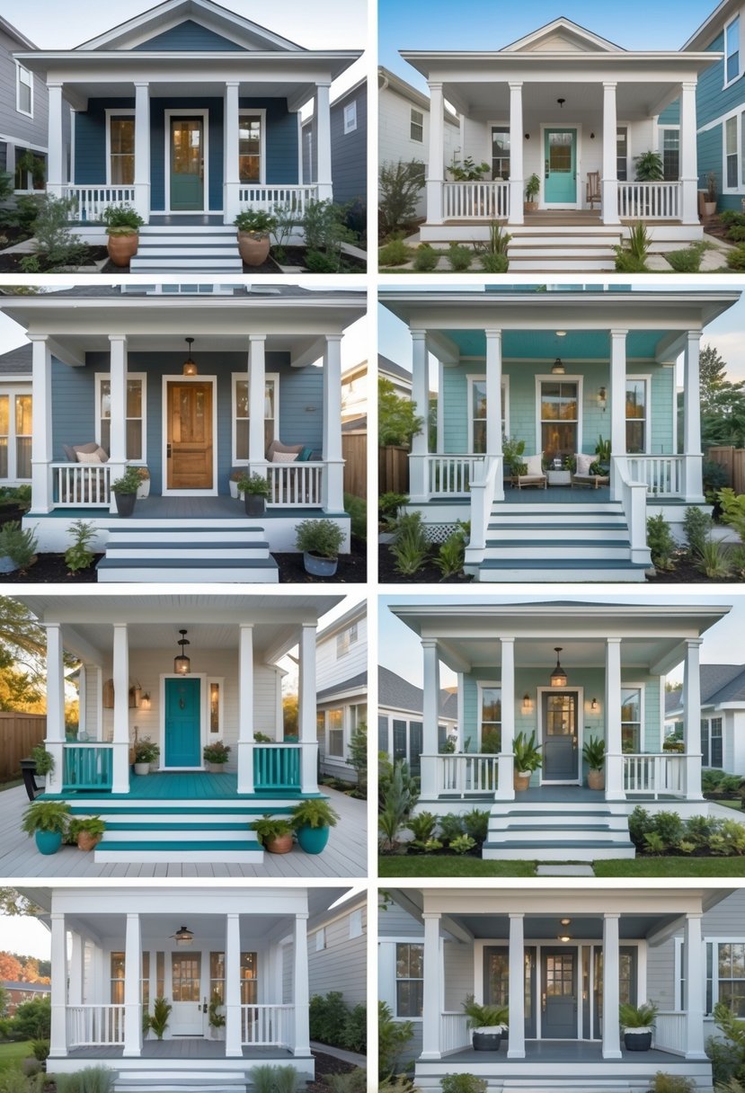 Twelve different porches showing a variety of paint colors and styles on floors, railings, and stairs in outdoor settings.