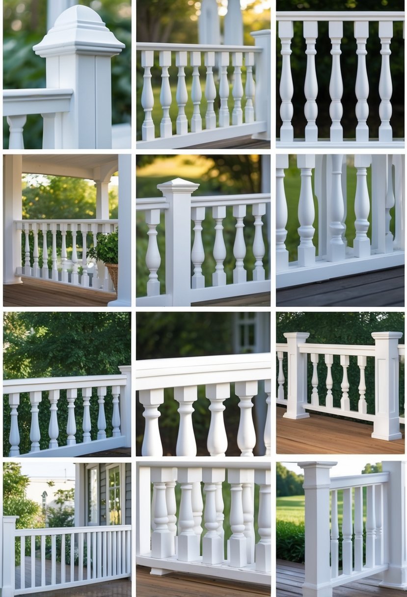 A collection of twelve different white wooden porch railings displayed outdoors with natural lighting.