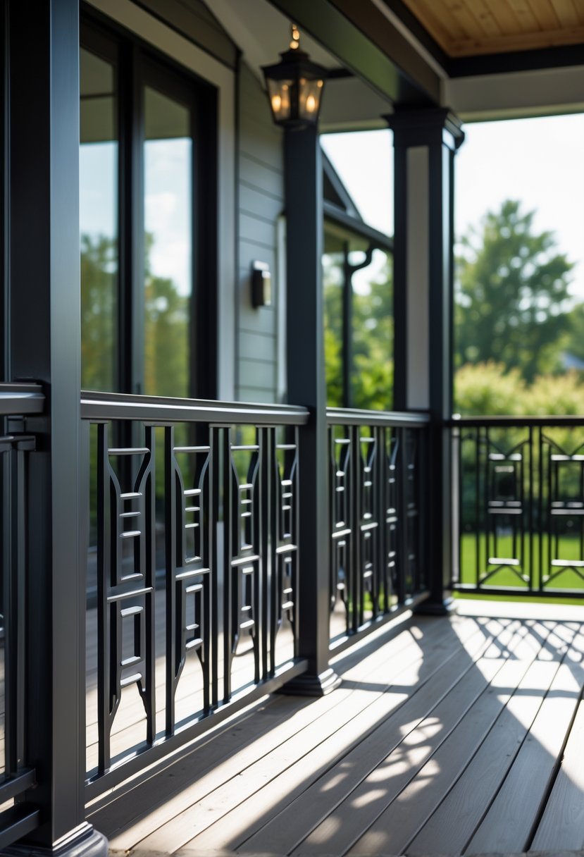 Black metal porch railing with geometric patterns on an outdoor porch with a garden background.