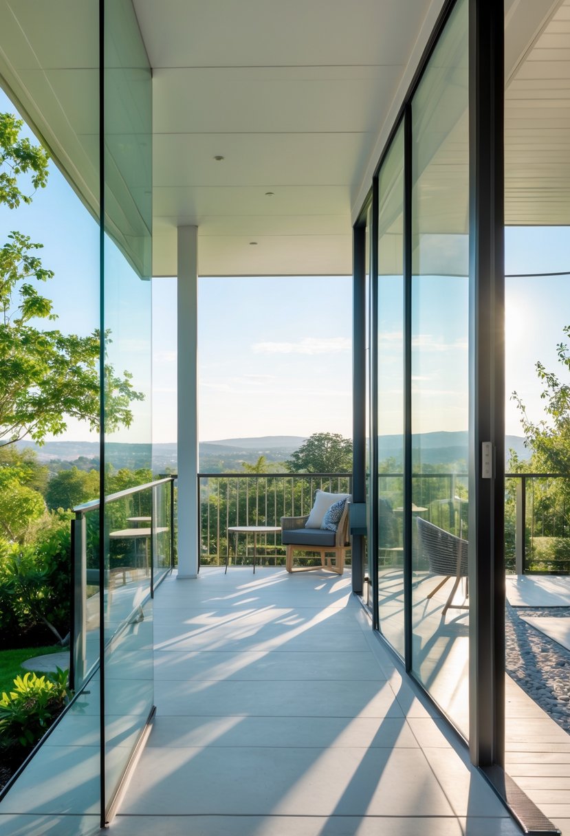 A porch with glass panel railings offering clear views of a garden and distant hills, with outdoor furniture on the porch.
