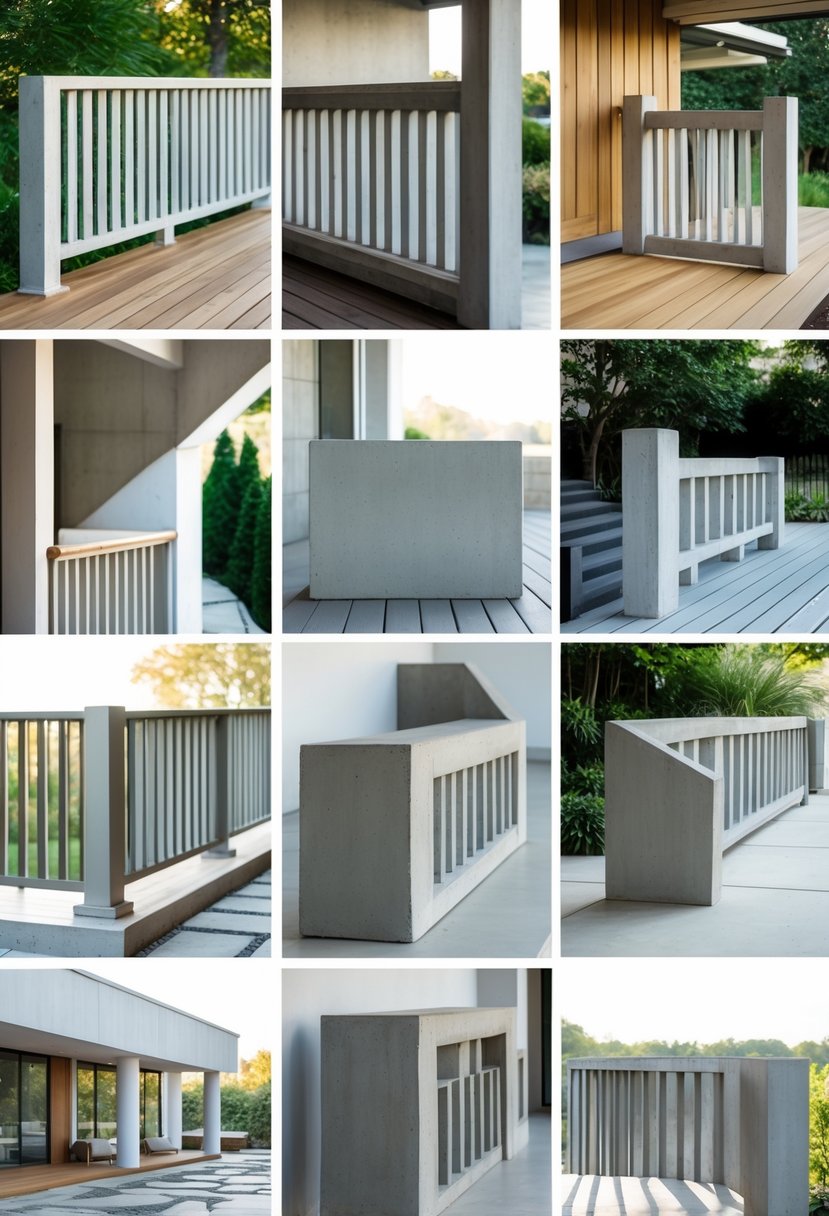 Twelve different concrete porch railings displayed outdoors on porches with natural lighting.