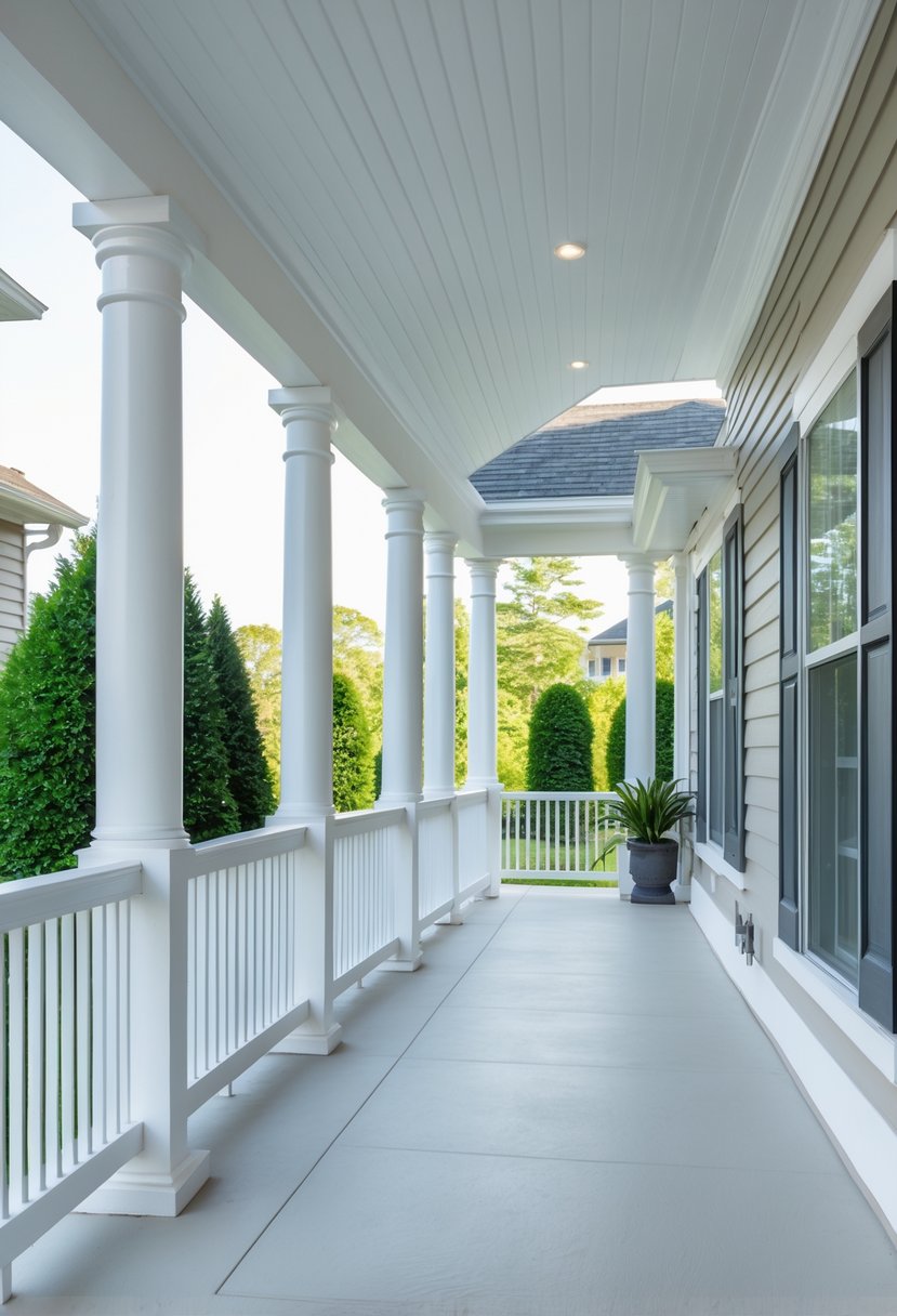 Outdoor porch area displaying twelve different white PVC railings around the porch with greenery and a house in the background.