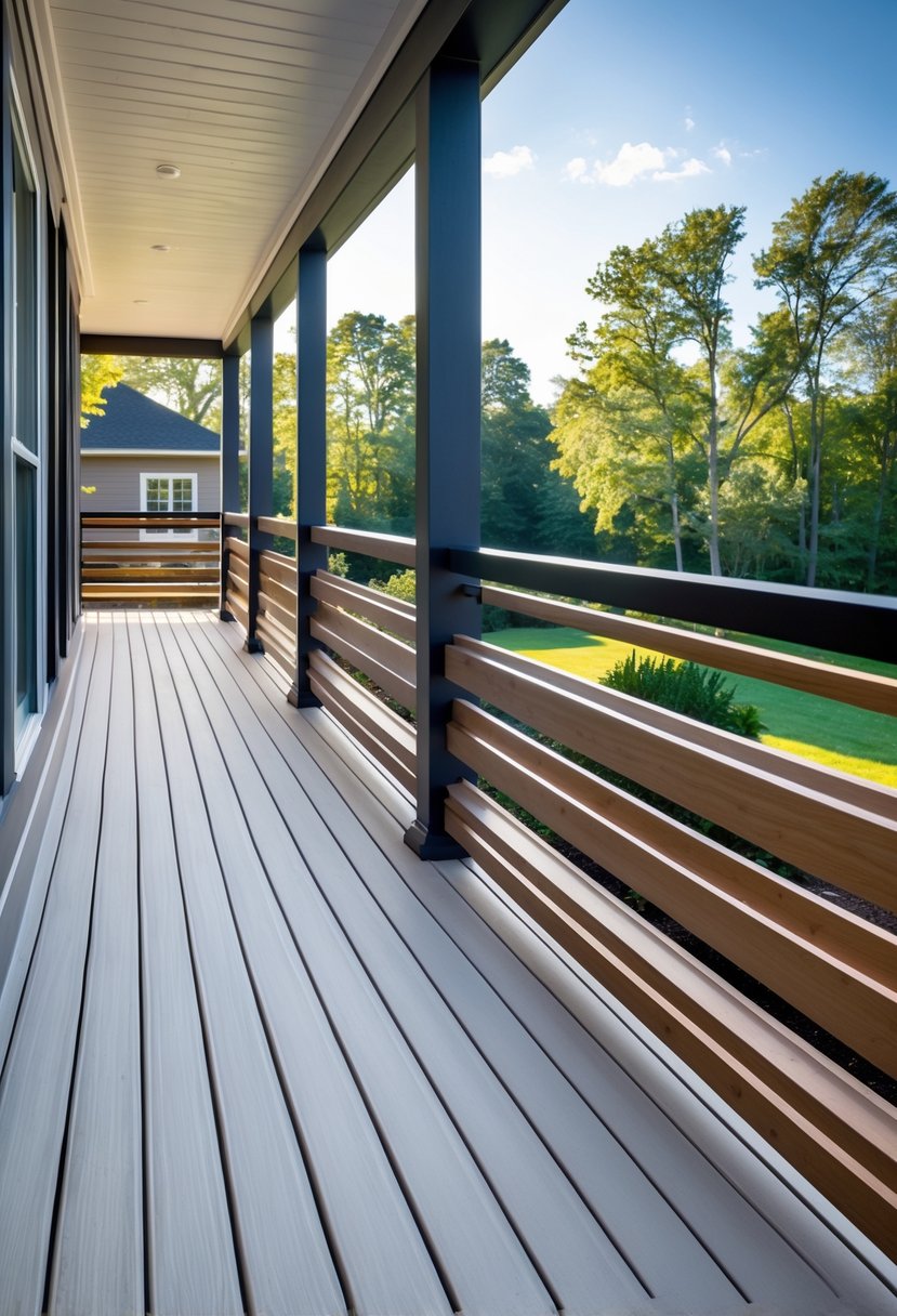 A porch with several different horizontal slat deck railings displayed against a house and surrounded by trees.