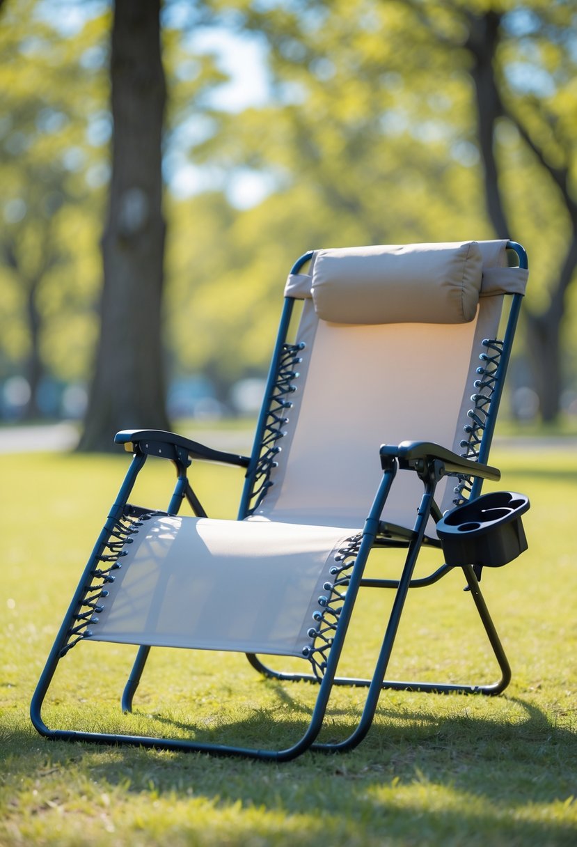A portable folding lounge chair with a cup holder set up outdoors on grass with trees and blue sky in the background.