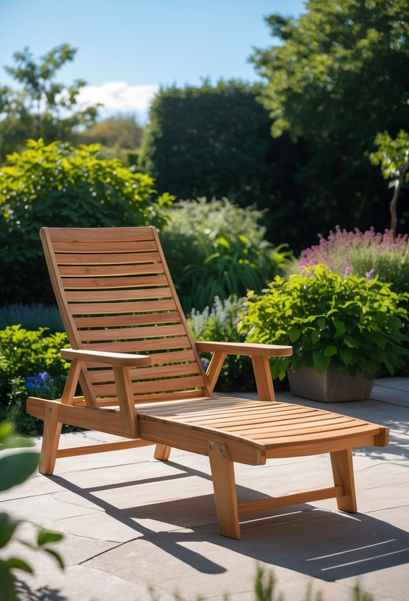 A wooden outdoor chaise lounge chair on a patio surrounded by plants and flowers under a clear sky.