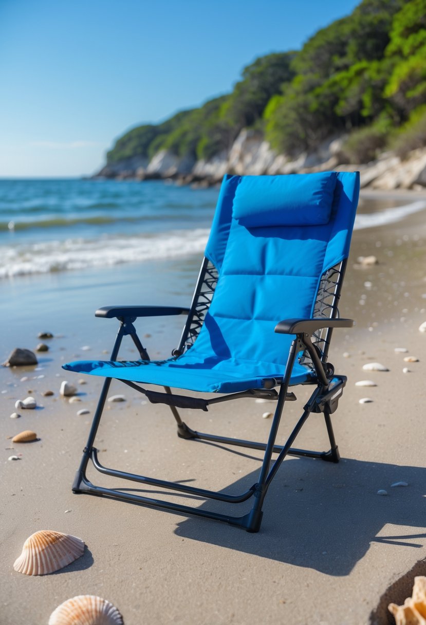 A portable recliner beach camping chair set up on a sandy beach near the water.