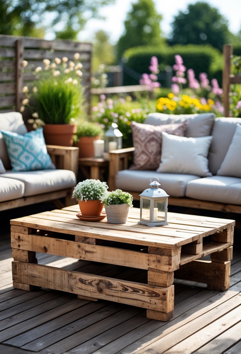 A reclaimed pallet wood coffee table on a wooden deck surrounded by outdoor plants and decor.