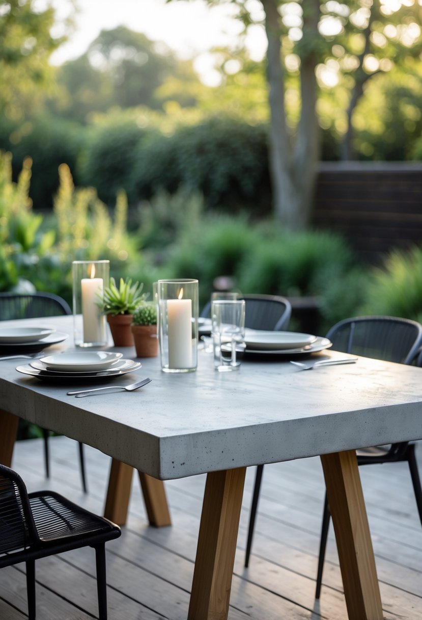 Outdoor dining table with a concrete slab top set on a wooden deck surrounded by plants and natural light.