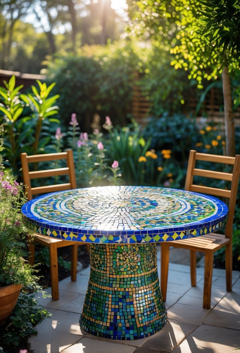 An outdoor mosaic tile table surrounded by plants and wooden chairs in a garden.