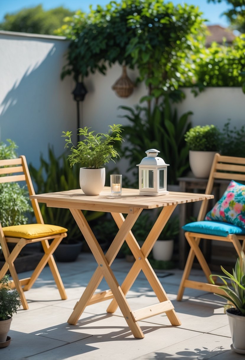Foldable wooden bistro table set outdoors with plants and cushions on a sunny patio.