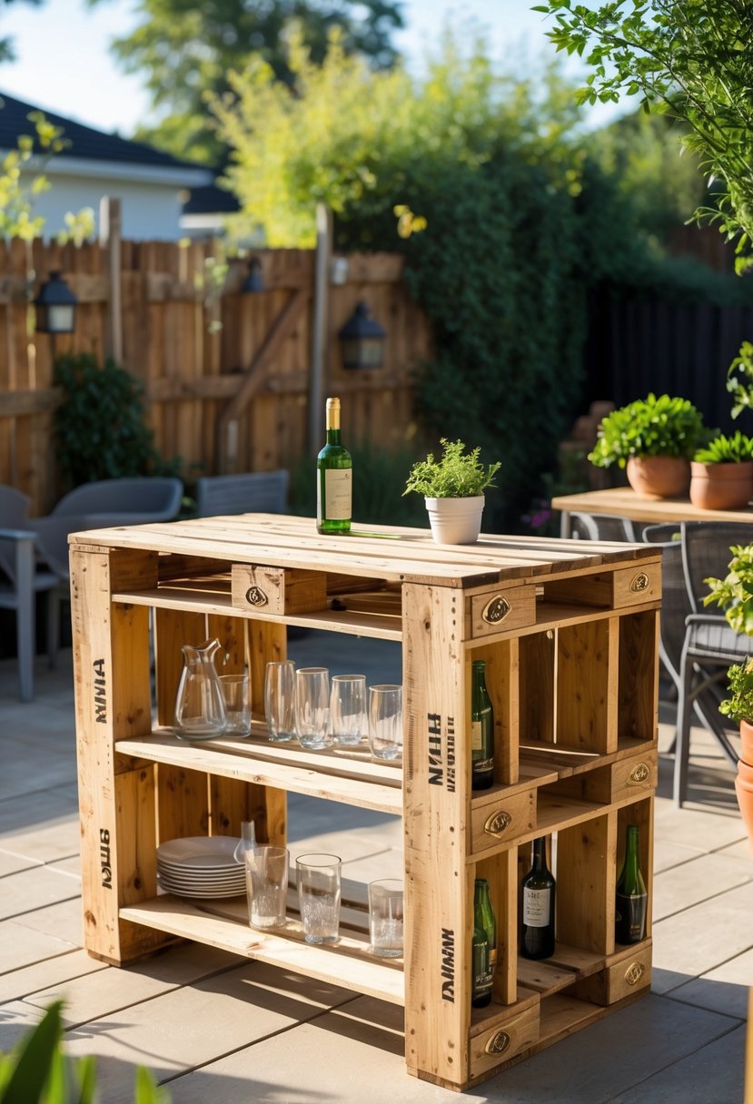A wooden pallet bar table with shelves set up outdoors on a sunny patio surrounded by plants and garden furniture.