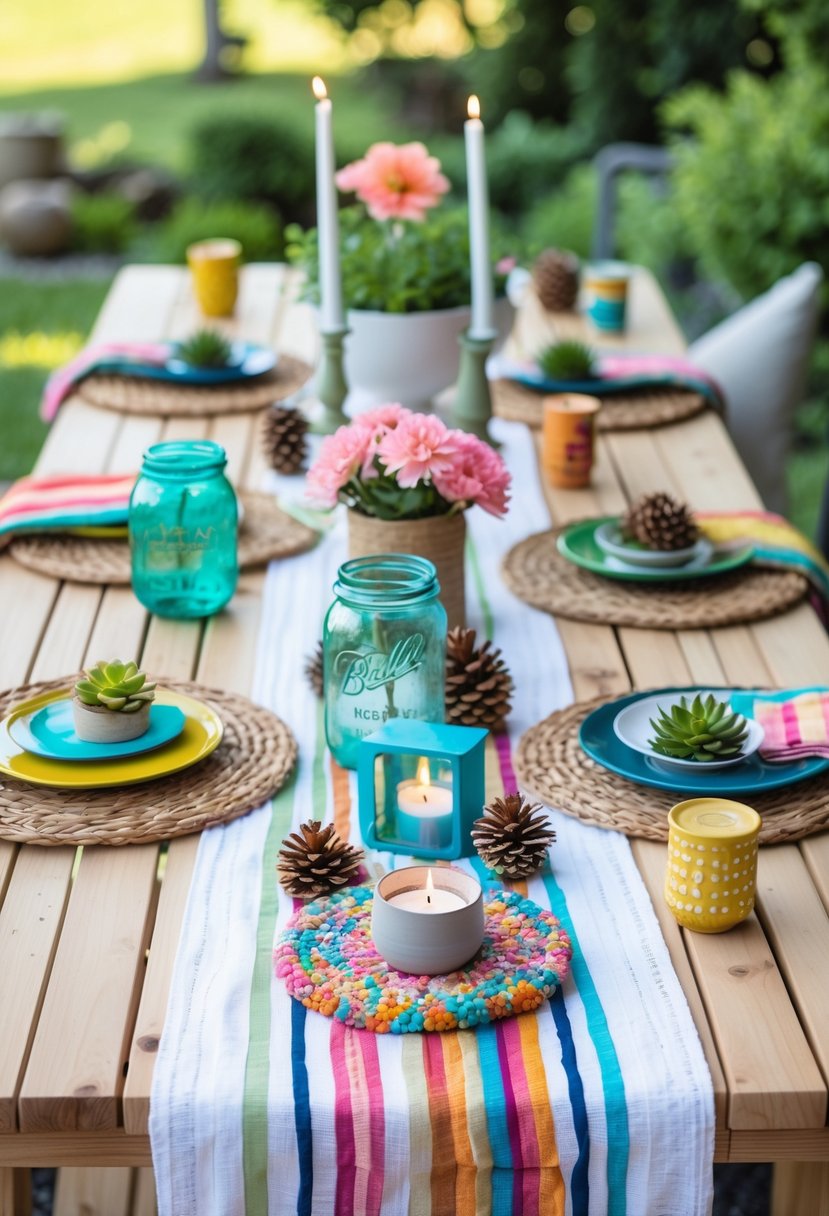 Outdoor wooden table decorated with various handmade centerpieces and natural elements, set in a garden with greenery around.