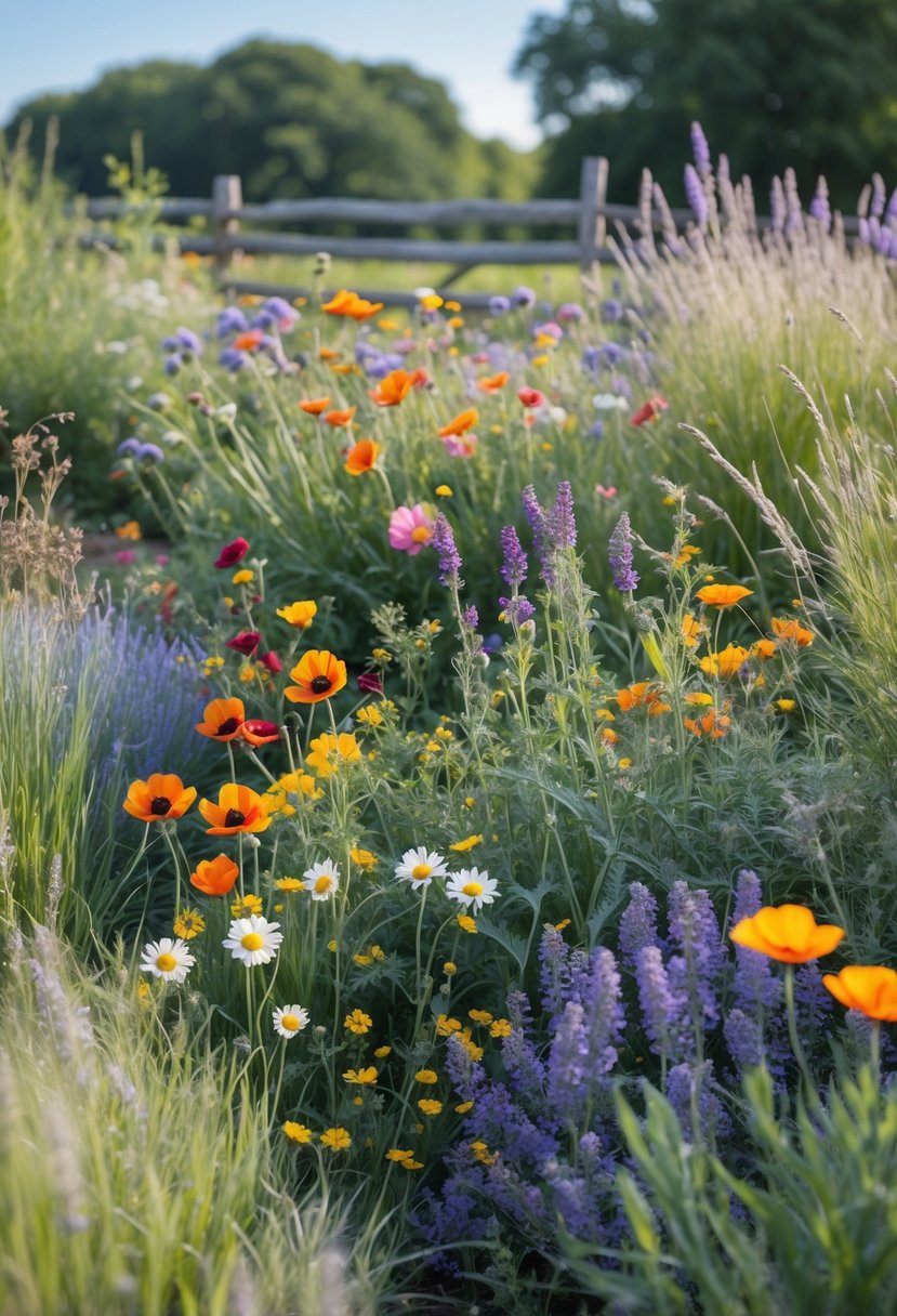 A colorful wildflower garden with various blooming flowers, tall grasses, a wooden fence, and a clear sky.