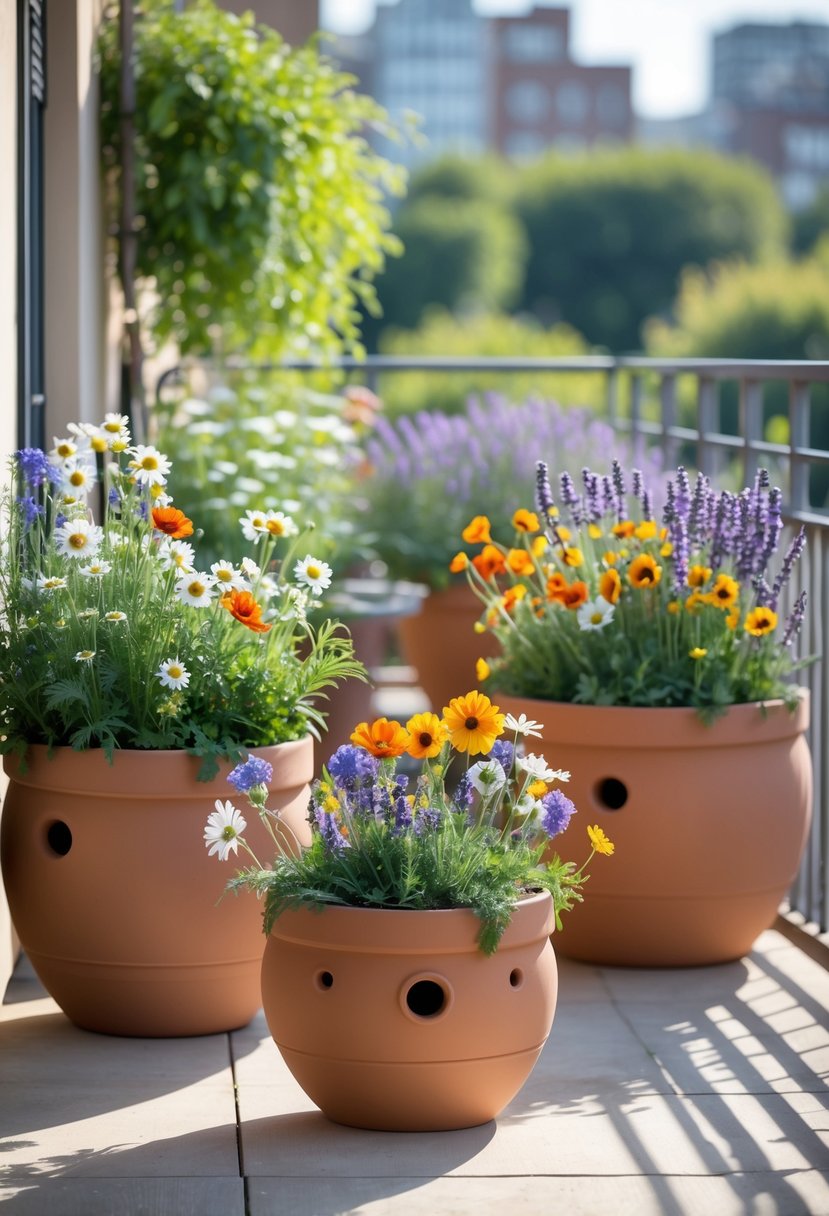 A balcony with large pots of colorful wildflowers blooming vibrantly in natural sunlight.