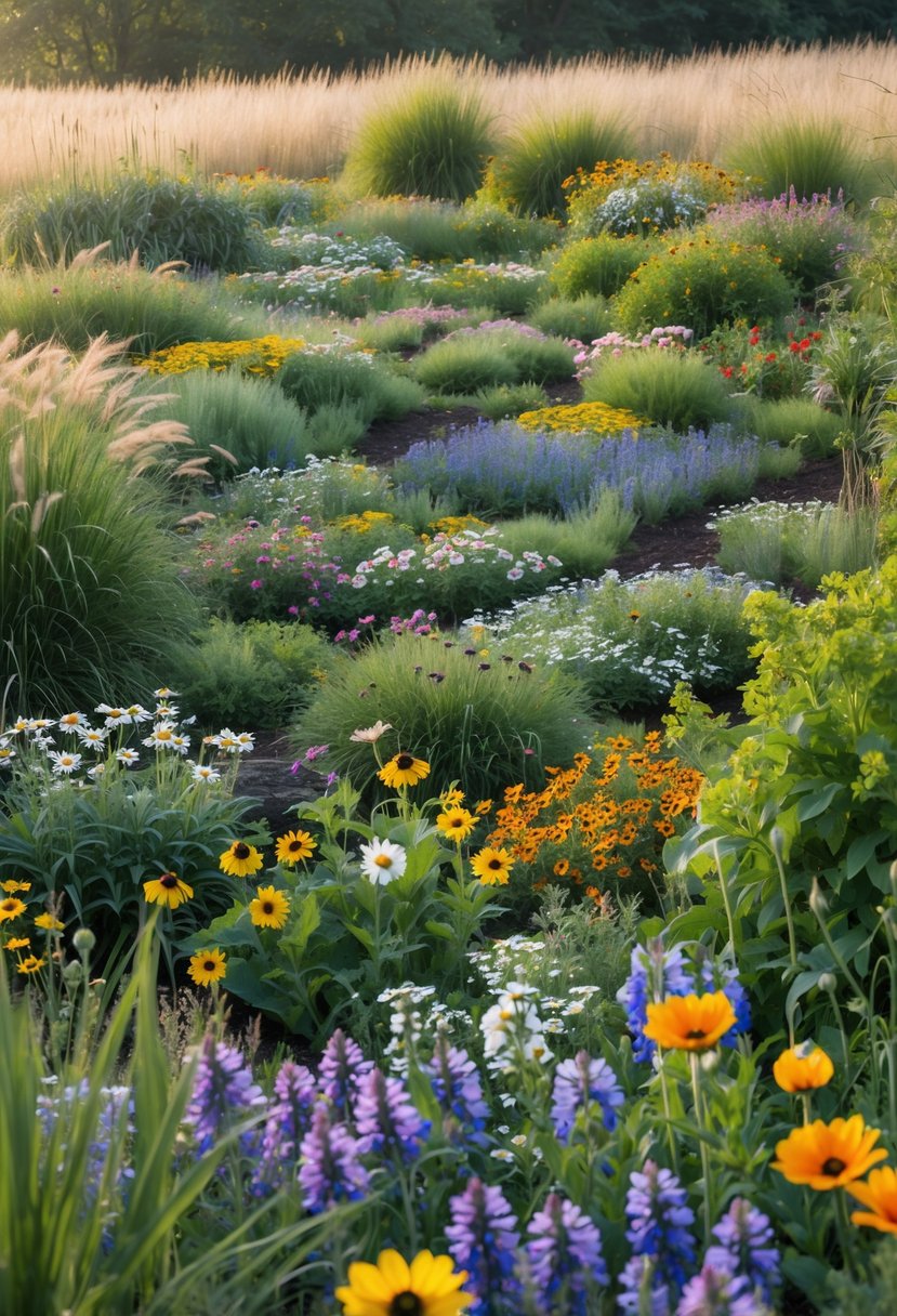 A colorful wildflower garden with irregularly shaped patches of various blooming flowers and green foliage under natural sunlight.
