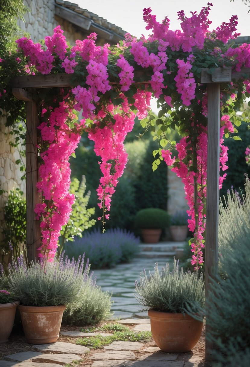 A garden with vibrant bougainvillea flowers cascading over wooden trellises surrounded by greenery and stone pathways.