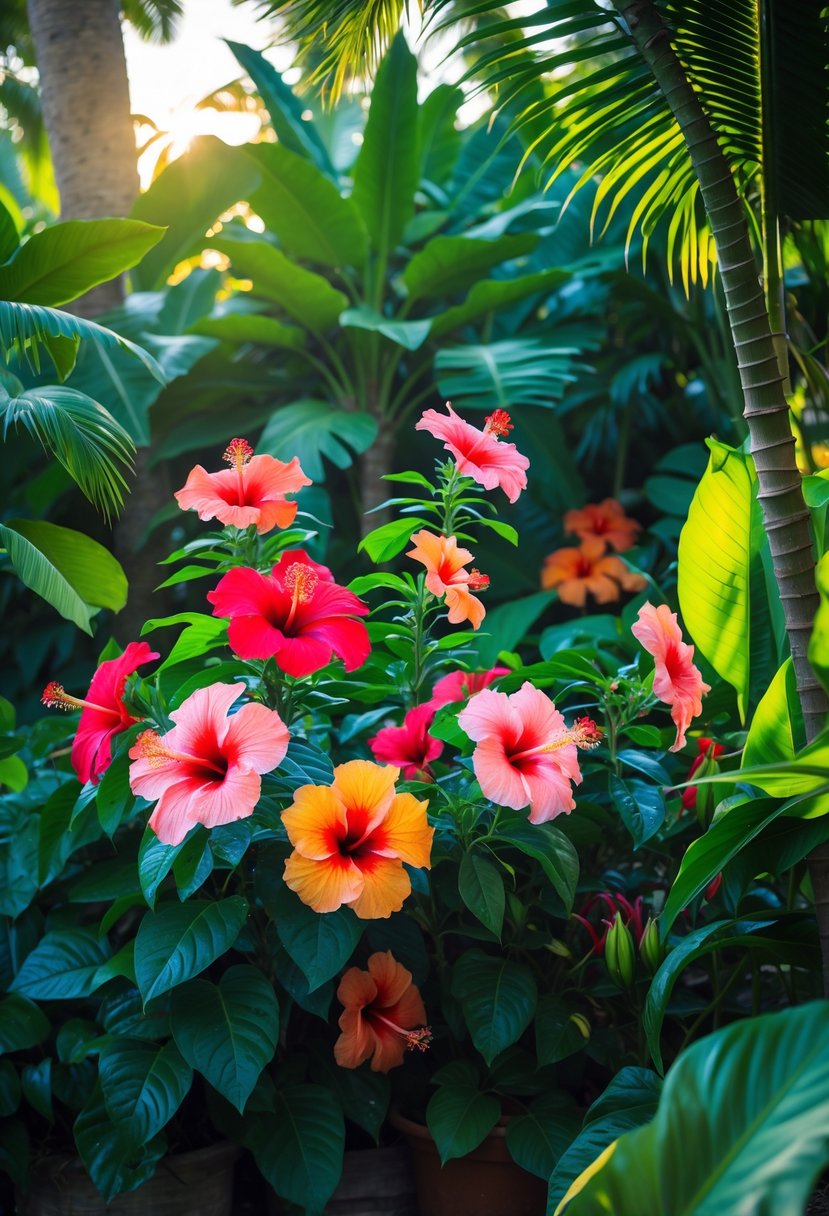A vibrant tropical garden with colorful hibiscus flowers and lush green foliage under soft sunlight.