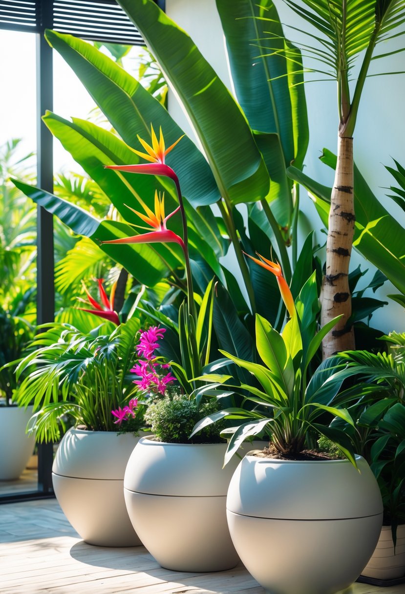 A collection of lush tropical plants in self-watering planters arranged in a bright indoor garden space with natural sunlight.
