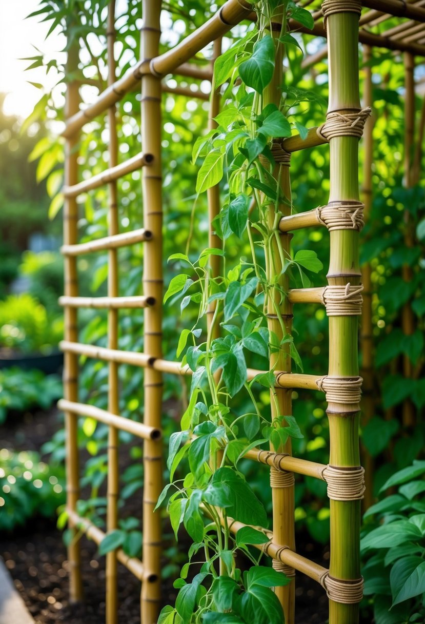 A bamboo trellis supporting green climbing plants in a garden with sunlight and surrounding greenery.