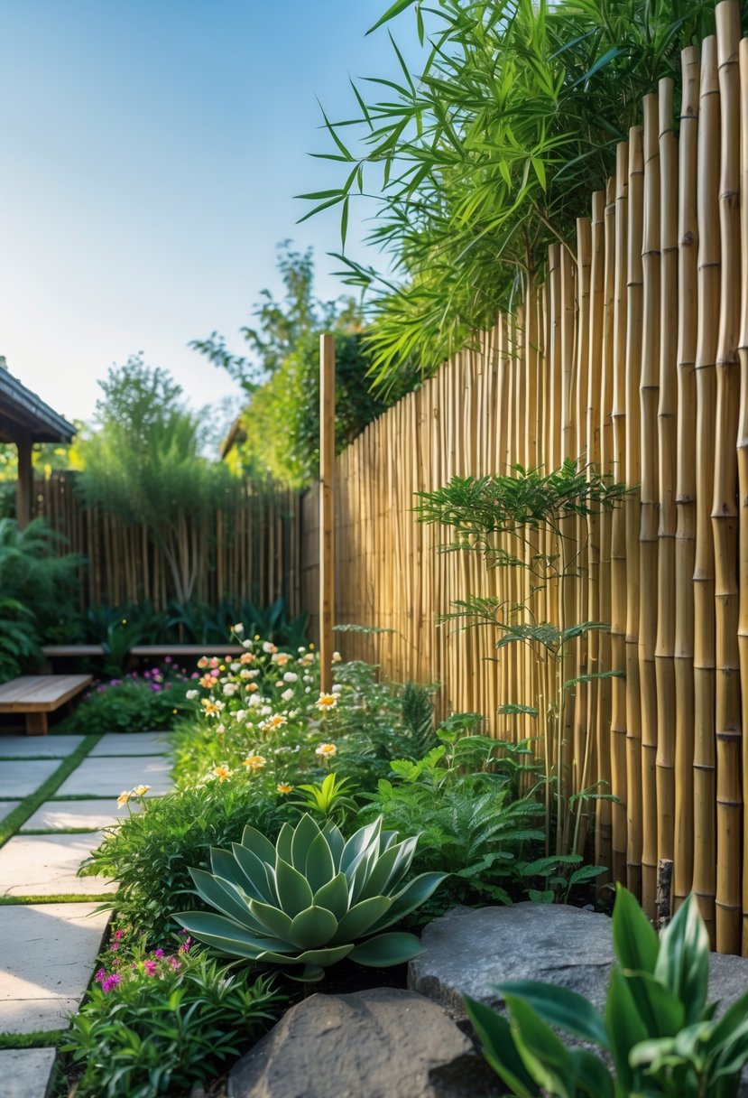 A garden with green plants surrounded by a bamboo fence under a clear sky.