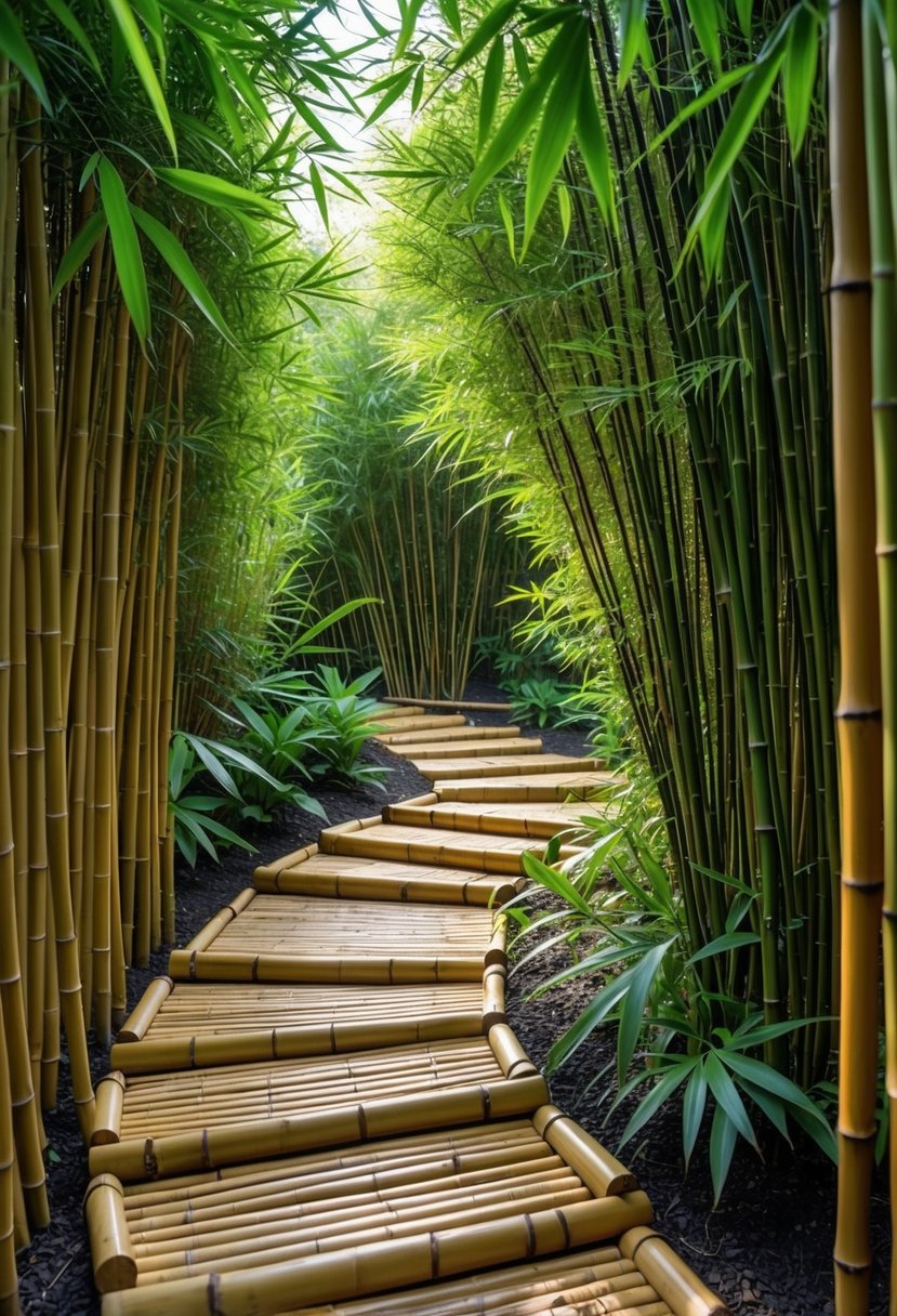 A tranquil garden scene with pathways made from cut bamboo sections surrounded by tall green bamboo plants.