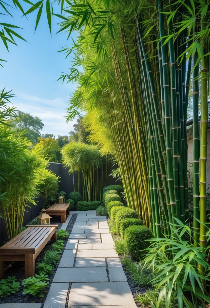 A bamboo garden with various types of bamboo plants arranged along stone pathways and wooden benches under natural sunlight.