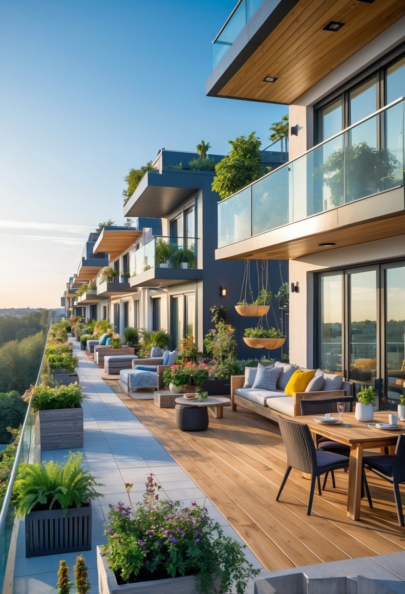 A collection of fifteen large balconies featuring various seating areas, plants, and outdoor decor under clear skies.