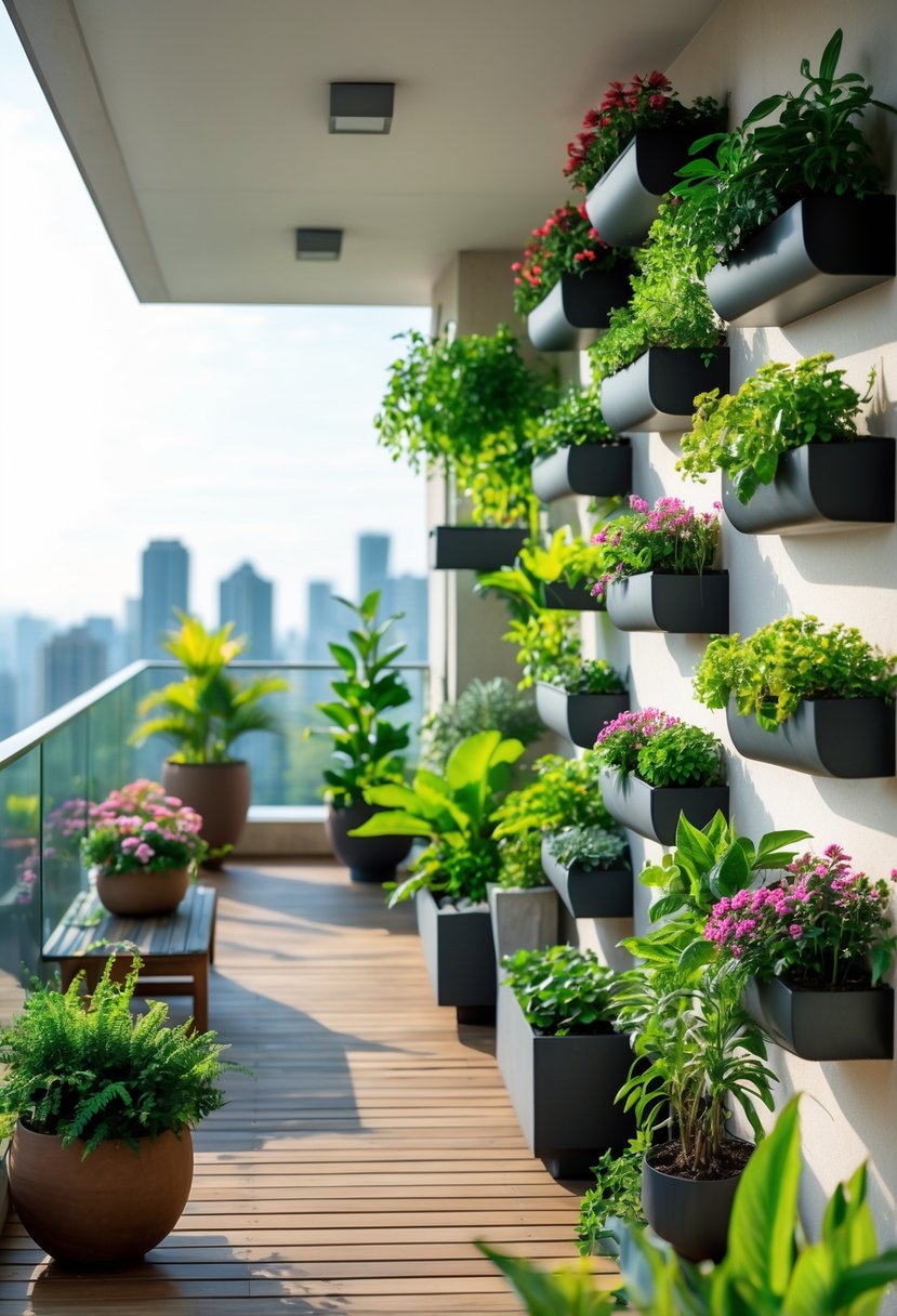 A balcony garden with various potted plants and vertical planters filled with green and flowering plants.