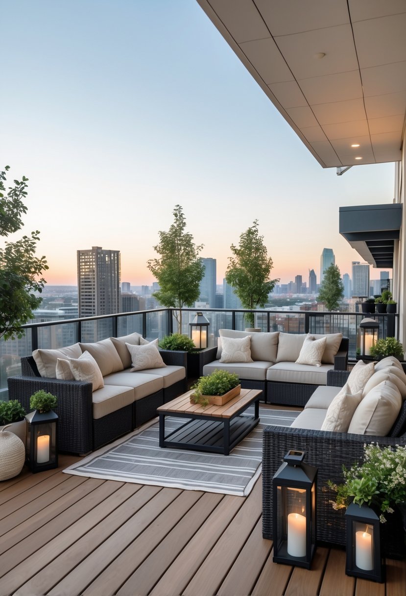 A cozy outdoor lounge area on a large balcony with weather-resistant sofas, a coffee table, plants, and a view of the city skyline.