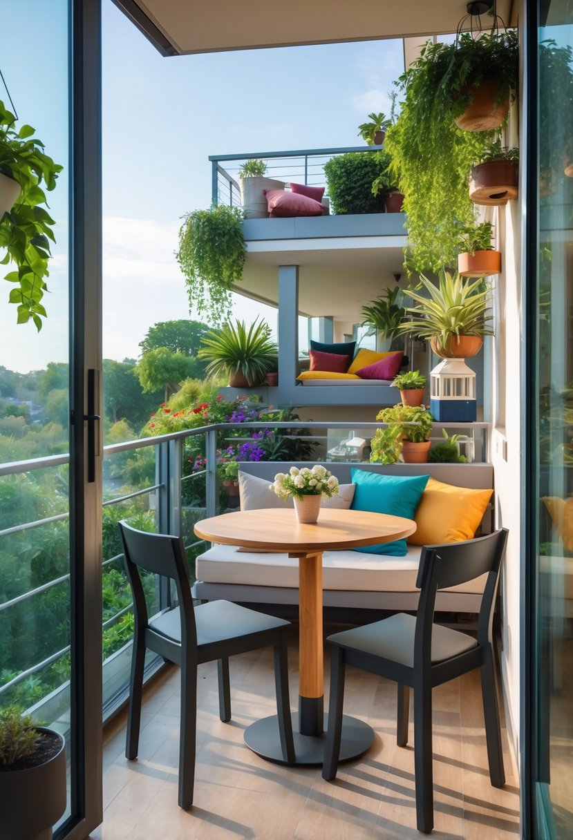A compact dining nook with a small table and chairs next to a large balcony filled with plants and outdoor seating.