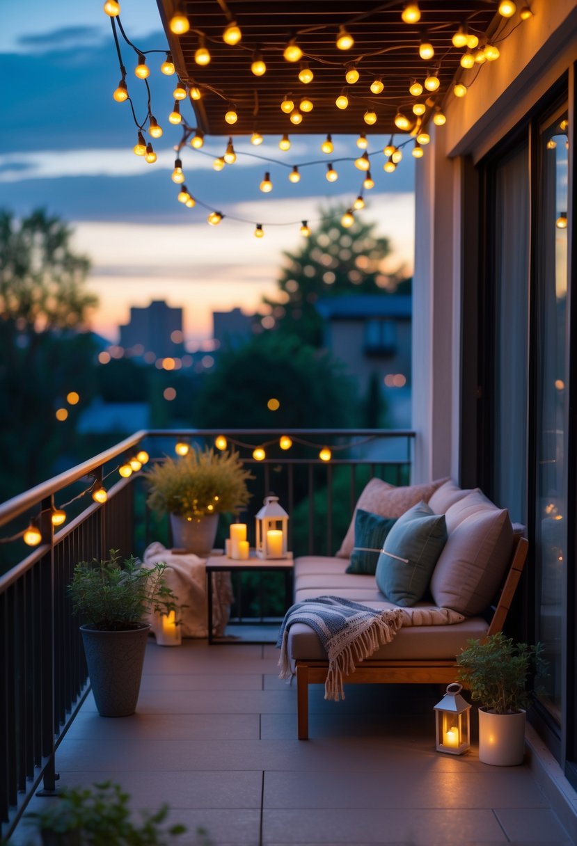 A balcony in the evening with warm string lights hanging overhead, outdoor seating, plants, and a softly lit background.