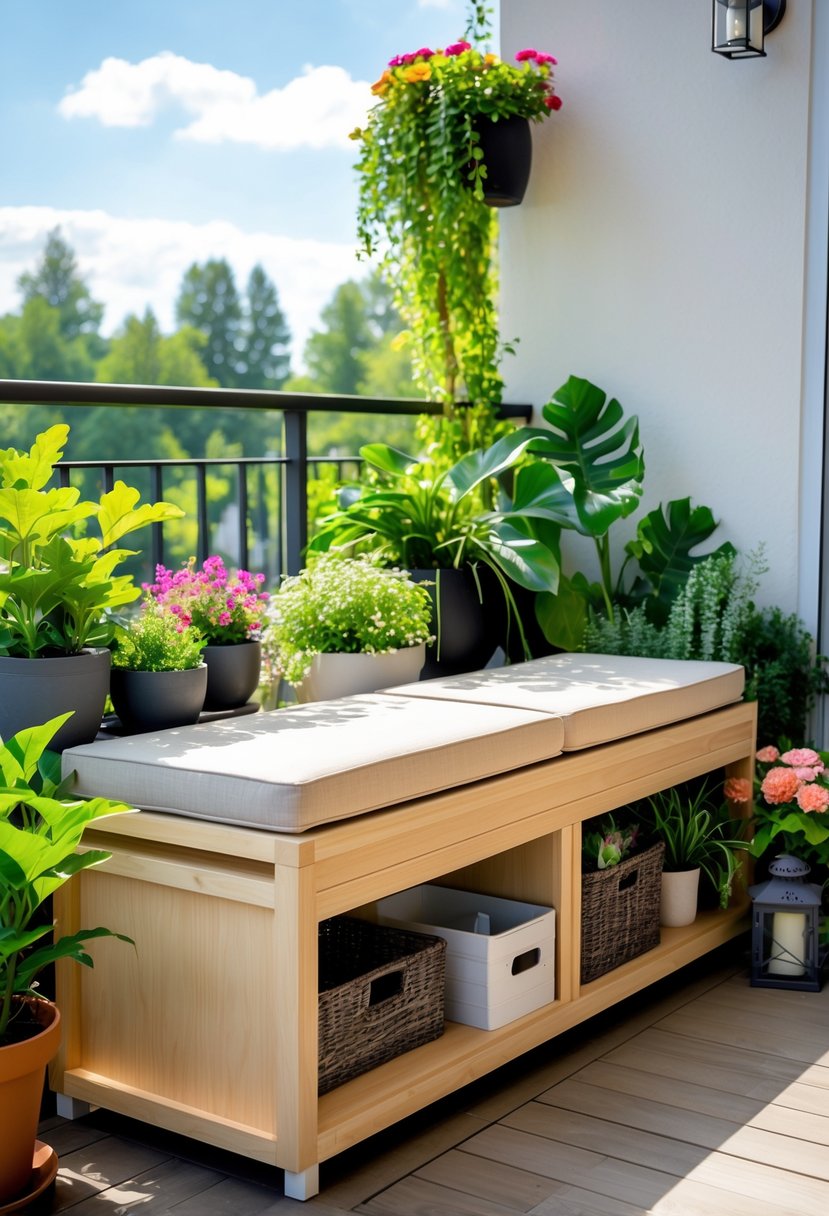 A balcony with a multifunctional storage bench surrounded by plants and natural light.