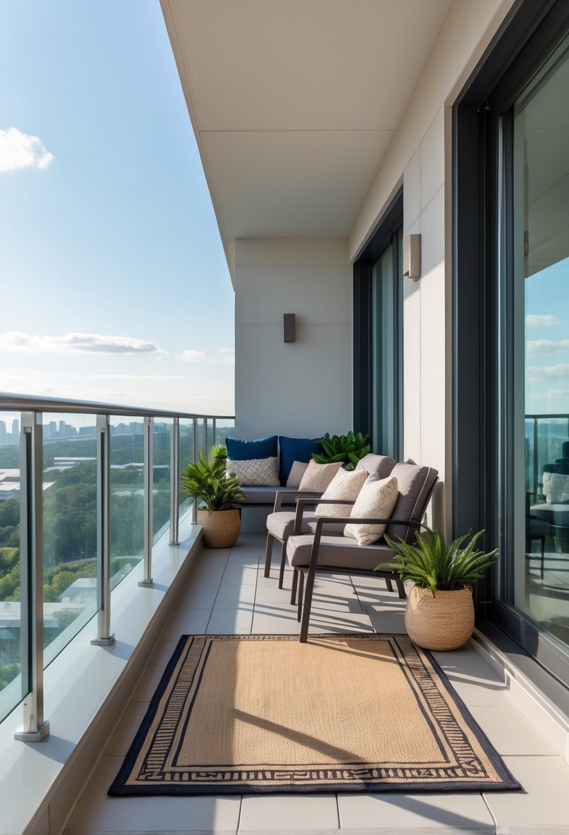 A large balcony with a small outdoor rug under chairs and a table, overlooking a scenic view.